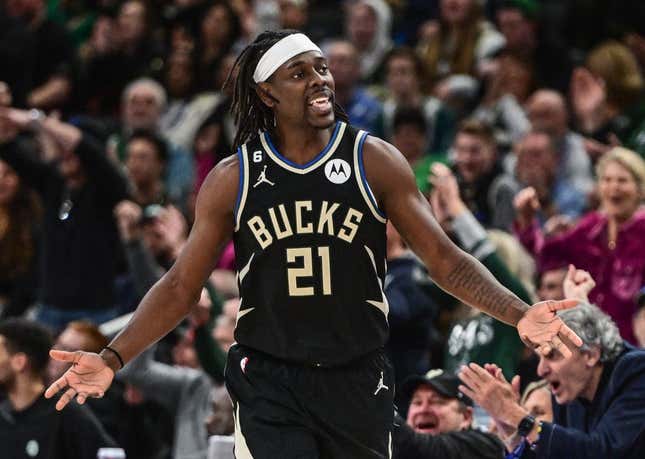 Feb 14, 2023; Milwaukee, Wisconsin, USA; Milwaukee Bucks guard Jrue Holiday (21) reacts after scoring a basket in the fourth quarter during game against the Boston Celtics at Fiserv Forum.