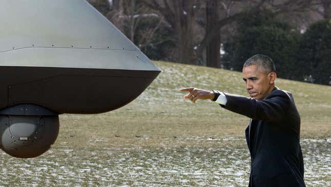 Image for article titled Departing Obama Tearfully Shoos Away Loyal Drone Following Him Out Of White House