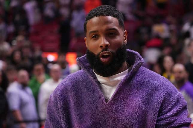 Dec 28, 2022; Miami, Florida, USA;  Football player Odell Beckham stands on the court after the game between the Miami Heat and the Los Angeles Lakers at FTX Arena.