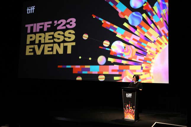 Judy Lung, Vice-President, Public Relations & Communications, TIFF, speaks during the 2023 Toronto International Film Festival press event at TIFF Bell Lightbox on August 17, 2023 in Toronto, Ontario