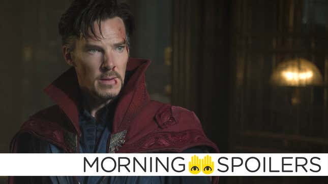 Benedict Cumberbatch as a wounded Doctor Strange, standing in the Sanctum Sanctorum in his trademark red cloak.