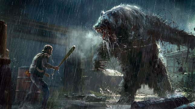 An image of protagonist Deacon St. John, bat in hand, battling a bear in Days Gone.