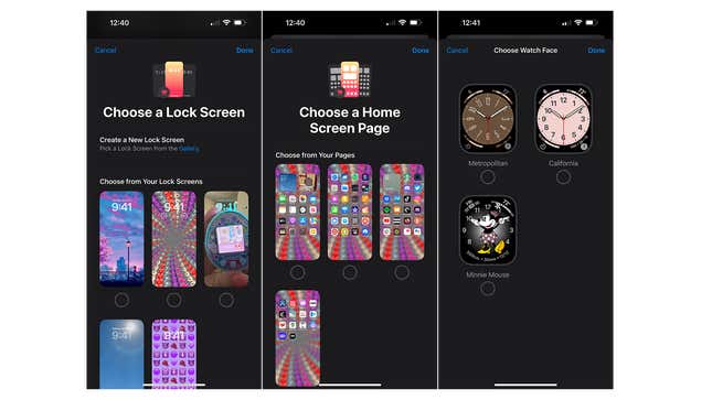 Screenshot of choosing iOS Lock screen, home screen, and watch face