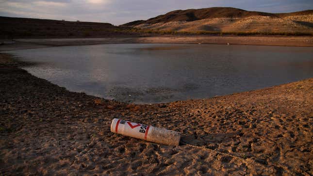 A buoy rests on the ground at a closed boat ramp on Lake Mead at the Lake Mead National Recreation Area.