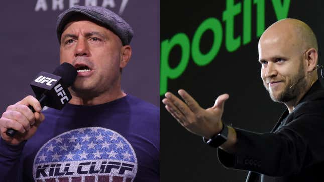 File photo of podcaster Joe Rogan hosting a UFC event (left) and Spotify CEO Daniel Ek at a presentation in Japan in 2016 (right).