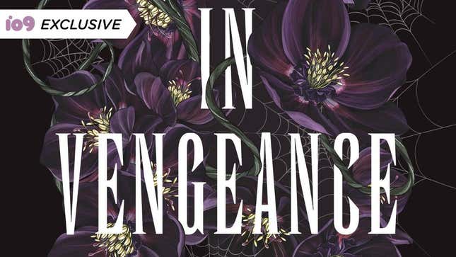 Purple flowers and spiderwebs surround the book title "In Vengeance" on a crop of its cover.