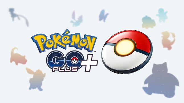 The Pokemon Go Plus + is shown with silhouettes of different Pokemon in the background.