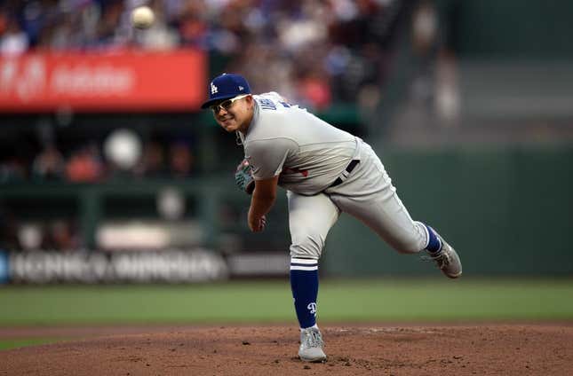 Apr 10, 2023; San Francisco, California, USA; Los Angeles Dodgers starting pitcher Julio Urias (7) delivers a pitch against the San Francisco Giants during the first inning at Oracle Park.