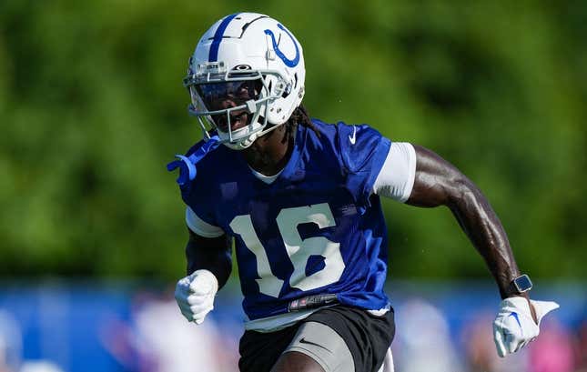 Indianapolis Colts wide receiver Ashton Dulin (16) rushes up the field Saturday, July 29, 2023, during Colts Training Back Together Weekend at Grand Park in Westfield.