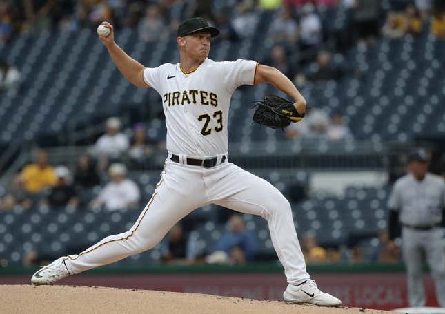 May 8, 2023; Pittsburgh, Pennsylvania, USA;  Pittsburgh Pirates starting pitcher Mitch Keller (23) delivers a pitch against the Colorado Rockies during the first inning at PNC Park.
