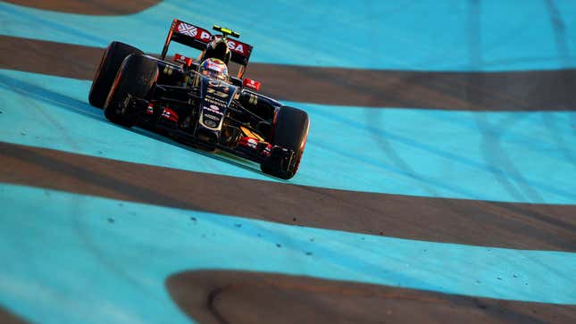 Pastor Maldonado drives his 2015 Lotus Mercedes Formula 1 car. 