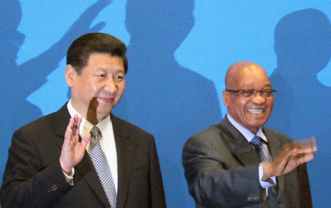 Casting a long shadow. China’s Xi Jinping and South Africa’s Jacob Zuma.