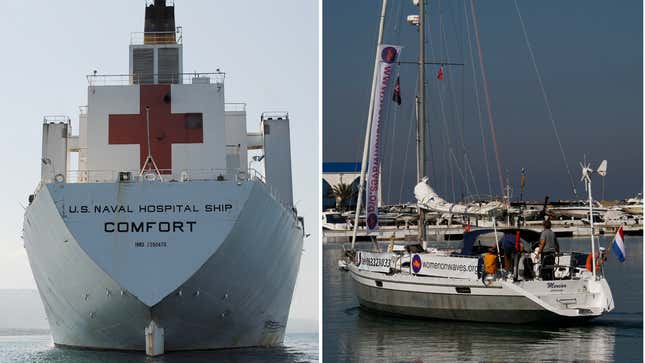 The USNS (United States Naval Ship) Comfort hospital ship pictured alongside a boat from "Women on Waves," the Dutch abortion access organization