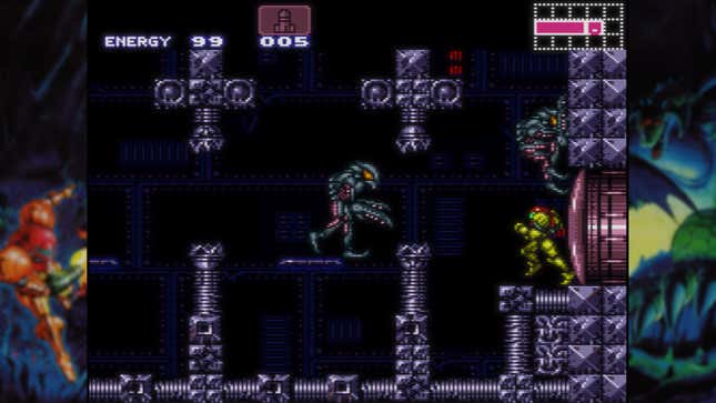 Samus Aran appears in a gray environment where space pirates lurk in the game Super Metroid.