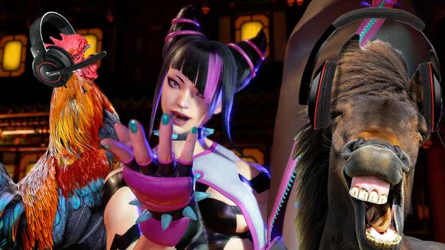A Street Fighter 6 image shows Juri Han standing next to a rooster and a horse wearing a gaming headset.