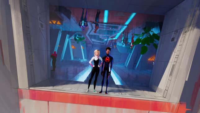 Gwen and Miles looking out an opening