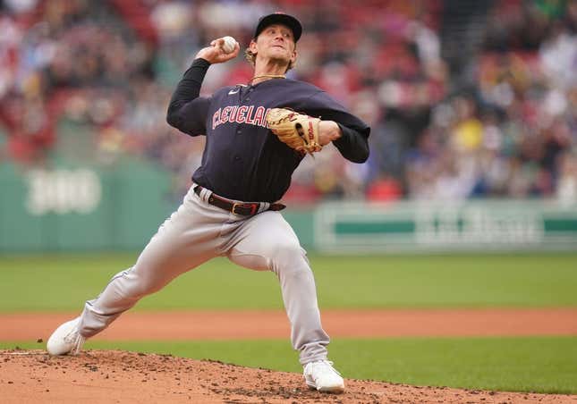 April 29, 2023;  Boston, Massachusetts, USA;  Cleveland Guardians starting pitcher Zach Plesack (34) throws a pitch against the Boston Red Sox in the first inning at Fenway Park.
