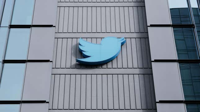 Twitter's blue bird logo can be seen on its headquarters in San Francisco.