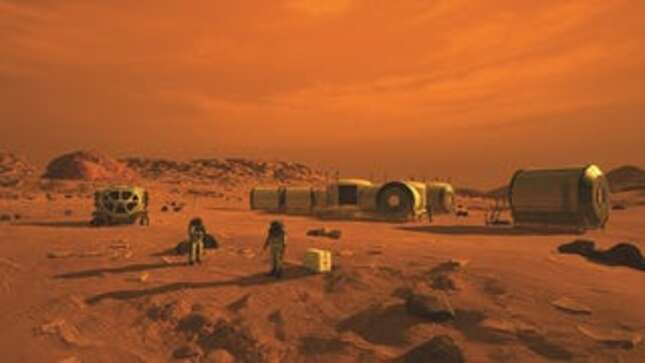 Artistic conception of a crewed mission to Mars. 