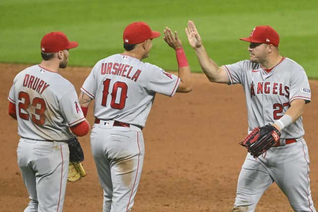 May 12, 2023; Cleveland, Ohio, USA; The Los Angeles Angels celebrate a win over the Cleveland Guardians at Progressive Field.