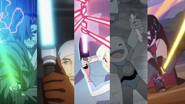 Five images of characters and their lightsabers as seen in the animated Star Wars: Visions.