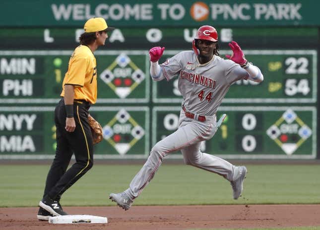 Aug 11, 2023; Pittsburgh, Pennsylvania, USA; Cincinnati Reds third baseman Elly De La Cruz (44) rounds second base on a two-RBI triple against the Pittsburgh Pirates during the first inning at PNC Park.