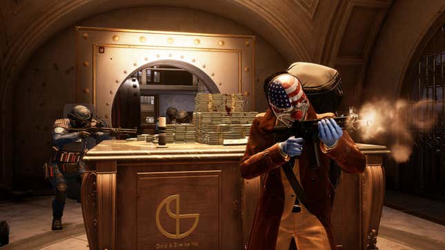 Una troupe di personaggi di Payday 3 in giacca e cravatta rapina una banca mentre girano fuori dallo schermo.