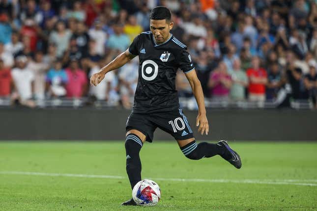 Aug 8, 2023; St. Paul, MN, USA; Minnesota United midfielder Emanuel Reynoso (10) shoots during a penalty shootout against the Toluca at Allianz Field.