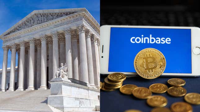 Side by side photos of Supreme Court building and Coinbase logo