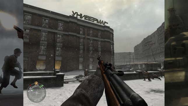 The player looks up at a building in a snowy battlefield in Call of Duty 2.