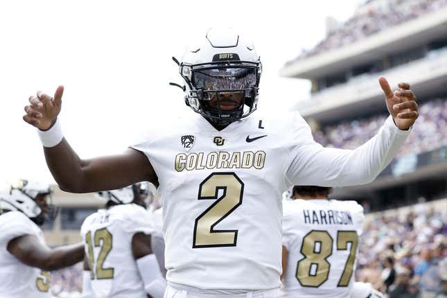 Sep 2, 2023; Fort Worth, Texas, USA; Colorado Buffaloes quarterback Shedeur Sanders (2) celebrates a touchdown in the first quarter against the TCU Horned Frogs at Amon G. Carter Stadium.