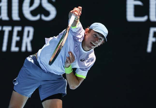 Jan 21, 2023; Melbourne, VICTORIA, Australia; Alex de Minaur from Australia during his third round match against Benjamin Bonzi from France on day six of the 2023 Australian Open tennis tournament at Melbourne Park.