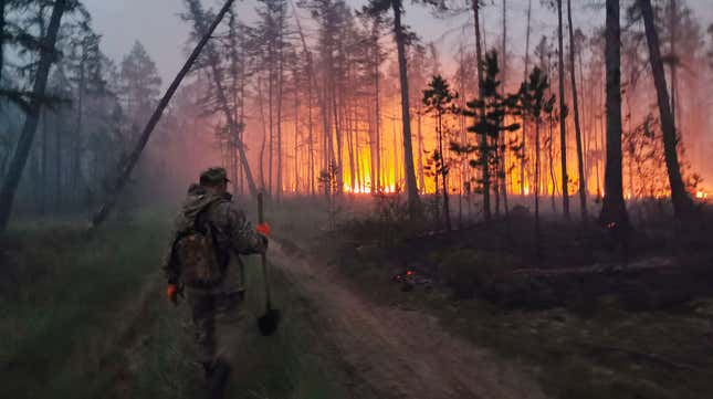 A volunteer heads to douse a forest fire in the republic of Sakha.