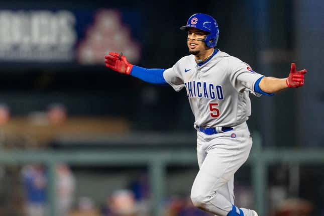 May 12, 2023; Minneapolis, Minnesota, USA; Chicago Cubs center fielder Christopher Morel (5) celebrates a home run against the Minnesota Twins in the ninth inning inning at Target Field.