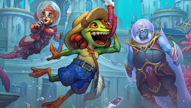 A cartoon drawing of a Murloc explorer and his friends swimming near some ruins. 