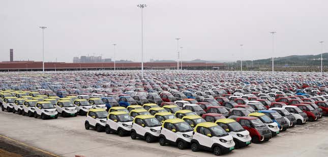 Baojun E100 and E200 all-electric battery cars sit in Liuzhou, China.