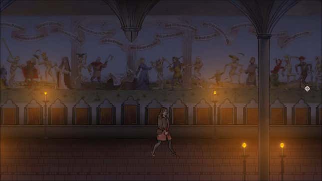 A depiction of the Danse Macabre is found in a large room.