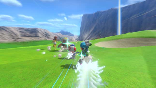 Four characters dash across the fairway in Mario Golf: Super Rush