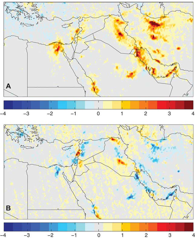 Tropospheric NO2 column density changes between 2005 and 2010 (A) and between 2010 and 2014 (B).