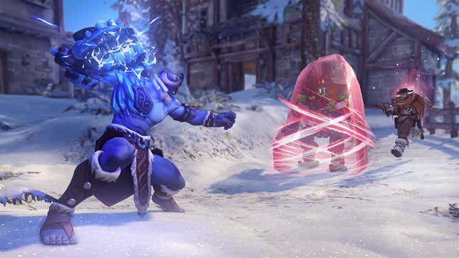 Doomfist is seen charging up a punch while Bastion is frozen. Cassidy is walking behind him to unfreeze him.