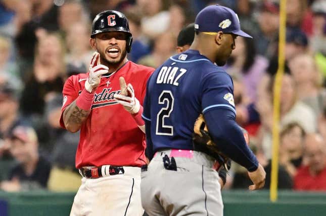 Sep 1, 2023; Cleveland, Ohio, USA; Cleveland Guardians shortstop Gabriel Arias, left, celebrates after hitting an RBI single during the seventh inning against the Tampa Bay Rays at Progressive Field.