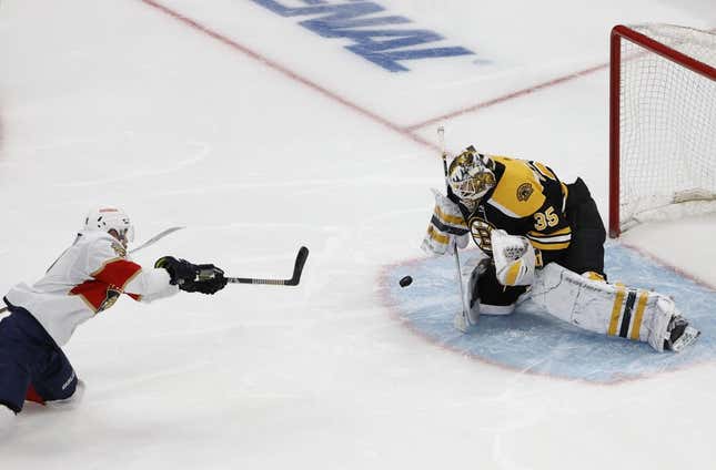 Apr 19, 2023; Boston, Massachusetts, USA; Florida Panthers center Sam Bennett (9) scores on Boston Bruins goaltender Linus Ullmark (35) from his knees during the second period of game two of the first round of the 2023 Stanley Cup Playoffs at TD Garden.
