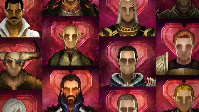 Stylized portraits of your potential Dragon Age boyfriends appear in a collage.