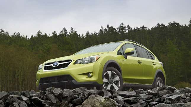 A photo of a green Subaru Crosstrek. 