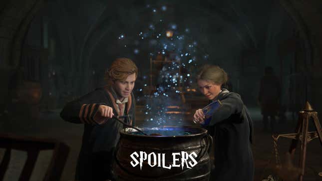 Two Hogwarts Legacy students cooking up a cauldron full of spoilers.