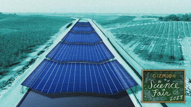 Image shows a canal covered in solar panels. The project aims to save water while making clean energy.