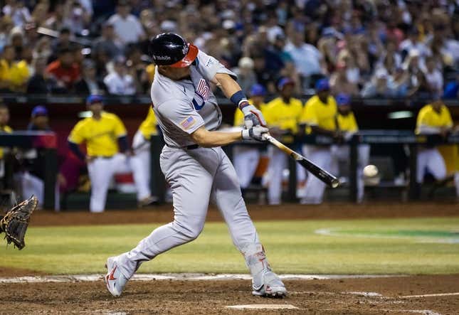 Mar 15, 2023; Phoenix, Arizona, USA; USA outfielder Mike Trout hits a two run single in the fifth inning against Colombia during the World Baseball Classic at Chase Field.