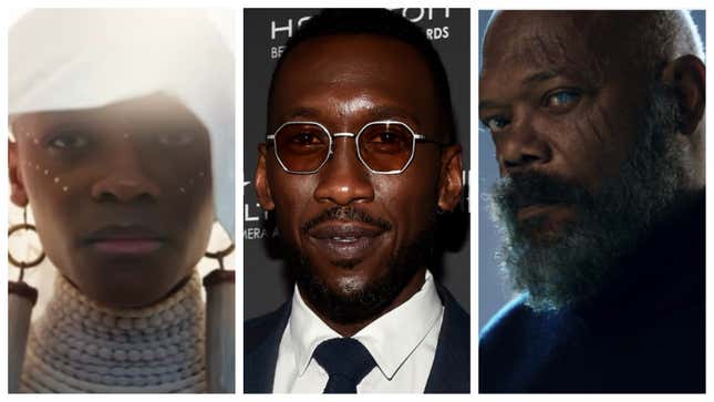 Letitia Wright as Shuri in the trailer for Black Panther: Wakanda Forever; Mahershala Ali; Samuel L. Jackson as Nick Fury in a promo shot for the upcoming Marvel series Secret Invasions.