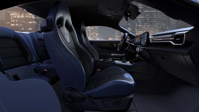 The interior of a 2024 Ford Mustang coupe,  with blue accents, rendered against a city backdrop.