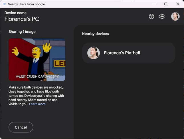 A screenshot of Nearby Share on Windows 